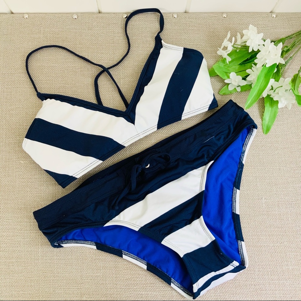 Nautica Navy and White Striped Bikini Set